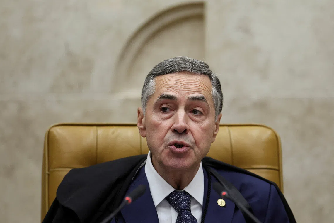 Brazil's Supreme Federal Court President Luis Roberto Barroso speaks during a session of the Supreme Court in Brasilia, Brazil, August 1, 2025. REUTERS/Adriano Machado