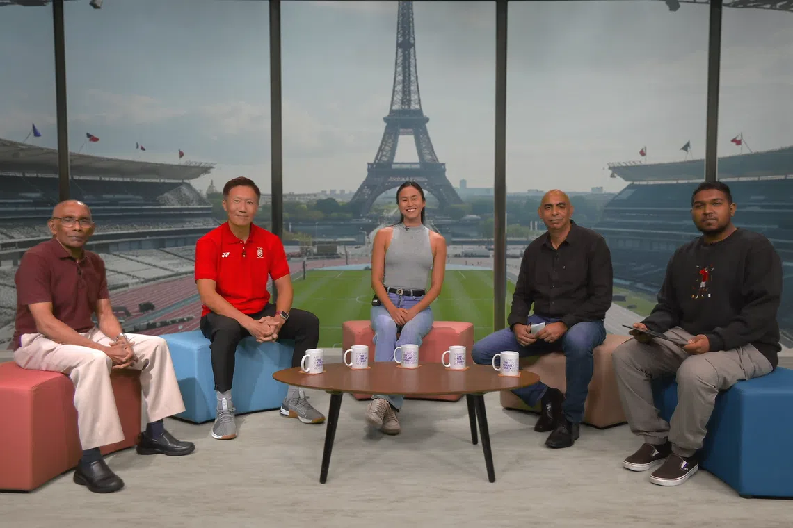 (From left) Former national sprinter C. Kunalan, former national shooter Lee Wung Yew, current Singapore swimmer Quah Ting Wen, ST assistant sports editor Rohit Brijnath and ST sports reporter Deepanraj Ganesan.