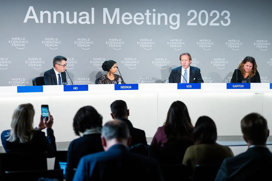 (From left) Moderator Jaime Ho with panellists Ayisha Siddiqa, Sebastian Vos and Alice Garton at the WEF session on Jan 17, 2023.