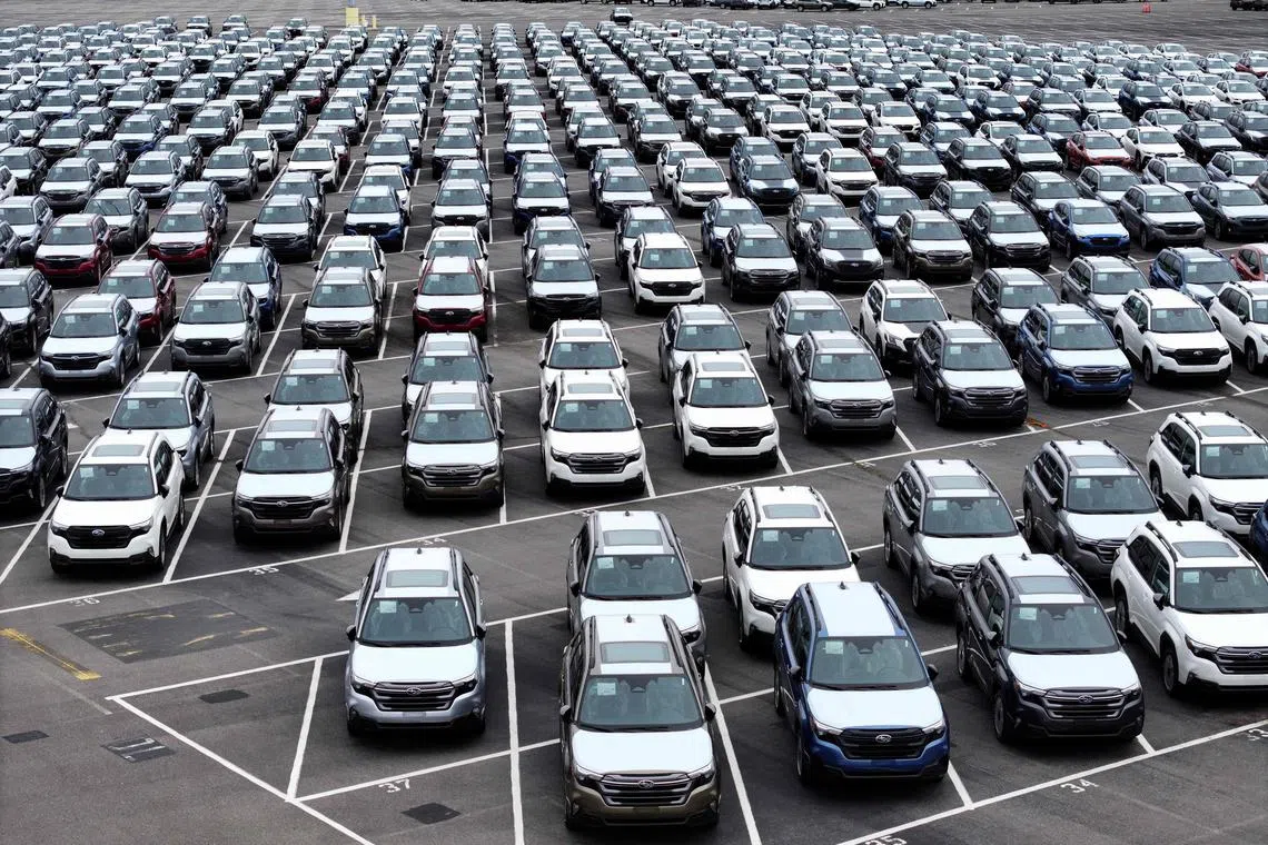 RICHMOND, CALIFORNIA - MARCH 04: In an aerial view, brand new Subaru cars sit in a storage lot at Auto Warehouse Co. on March 04, 2025 in Richmond, California. U.S. tariffs against Mexico, China and Canada went into effect on March 4th and could be as high as 25 percent on all imports. Justin Sullivan/Getty Images/AFP (Photo by JUSTIN SULLIVAN / GETTY IMAGES NORTH AMERICA / Getty Images via AFP)