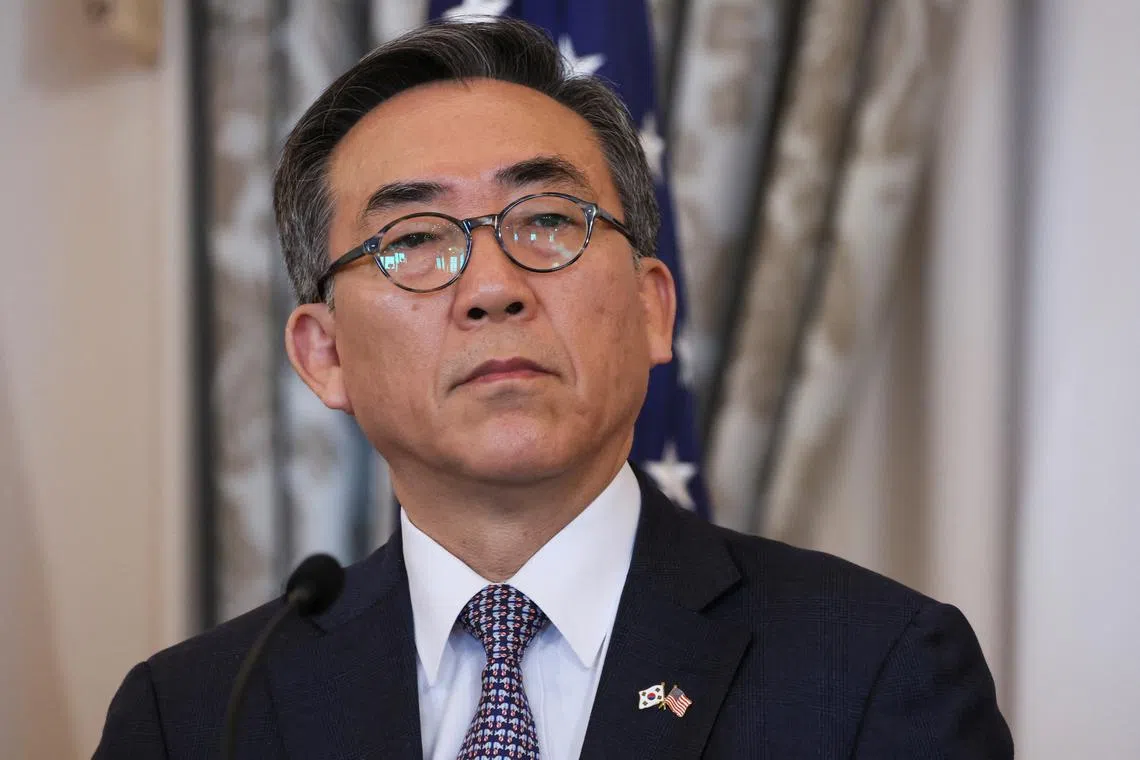 FILE PHOTO: South Korean Foreign Minister Cho Tae-yul attends a joint press conference during a 2+2 meeting, at the State Department in Washington, U.S., October 31, 2024. REUTERS/Leah Millis/File Photo