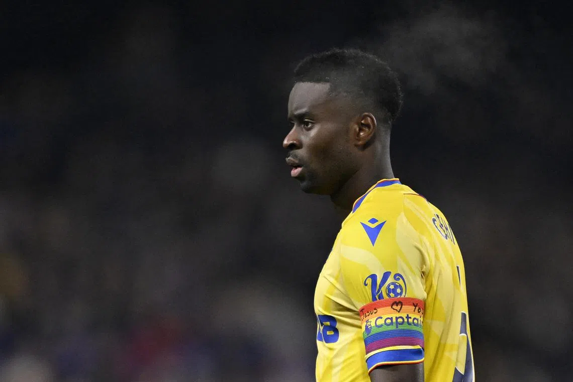 General view of a message written on the armband of Crystal Palace's Marc Guehi during the 1-0 win over Ipswich Town at Portman Road on Dec 3.