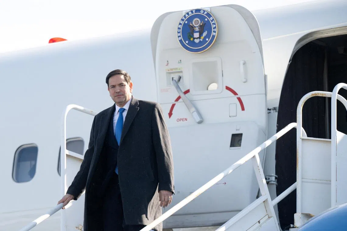 FILE PHOTO: US Secretary of State Marco Rubio disembarks from a military airplane upon arrival at Quebec City Jean Lesage International Airport, in Quebec, Canada, March 12, 2025. SAUL LOEB/Pool via REUTERS/File Photo