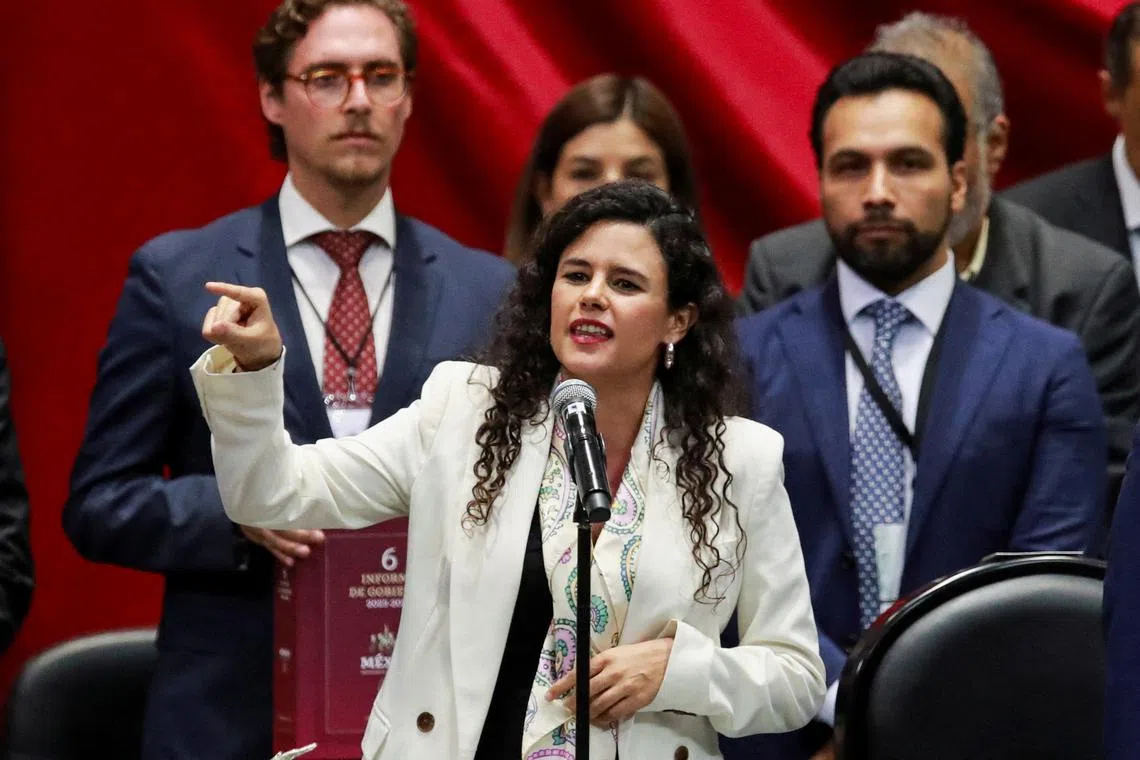 FILE PHOTO: Mexico's Interior Minister Luisa Maria Alcalde Lujan speaks on the day she delivers the sixth and final report of the mandate of Mexican President Andres Manuel Lopez Obrador to President of the Chamber of Deputies Ifigenia Martinez (not pictured), at San Lazaro legislative palace in Mexico City, Mexico, September 1, 2024. REUTERS/Henry Romero/File Photo