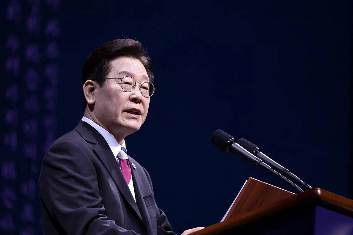 South Korea's President Lee Jae Myung delivers his speech during an event marking Korea's 107th anniversary of the Independence Movement in Seoul, South Korea on March 1, 2026.