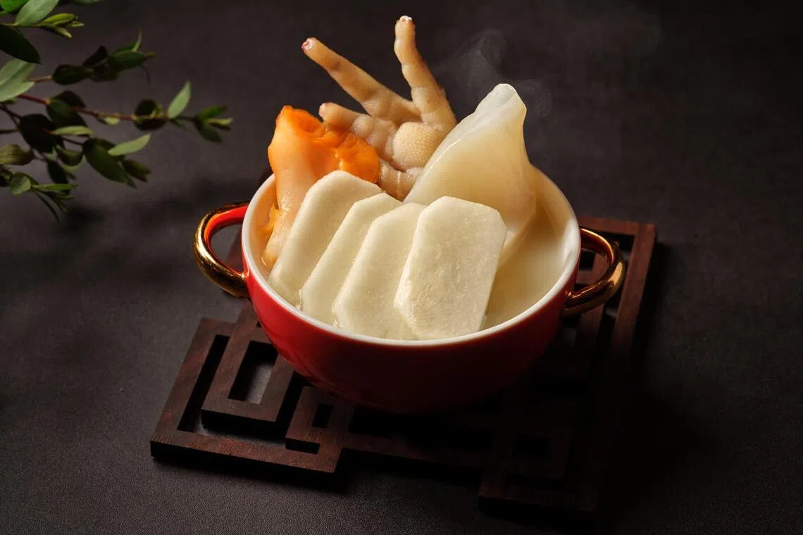 Shang Palace’s Double-boiled An Xin Chicken Broth With Fish Maw, Sea Conch And Honeydew. 



