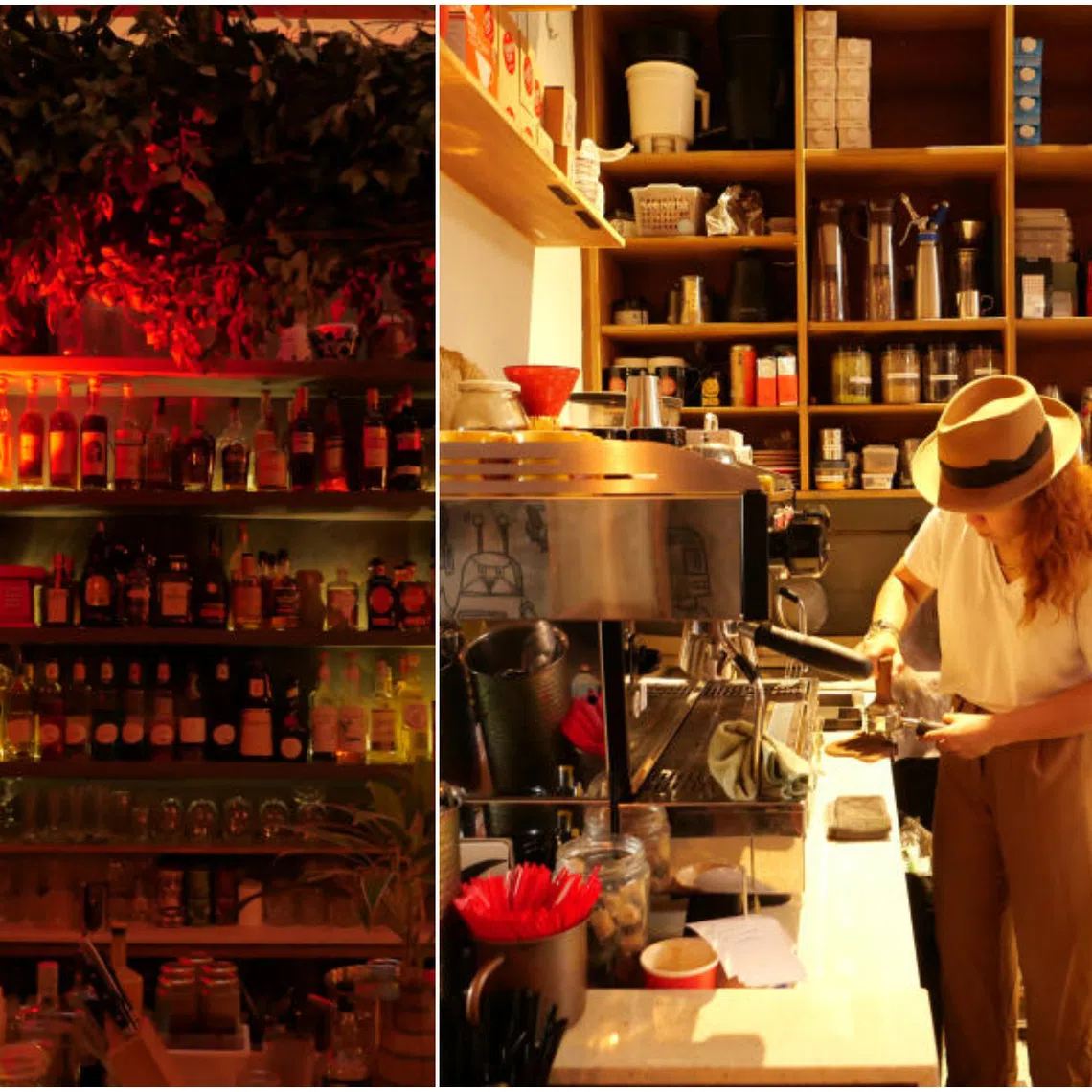 Bitters & Love (left) operates as a cocktail bar at night at 118 Telok Ayer Street while cafe Free The Robot serves coffee, pasta and steak during the day.