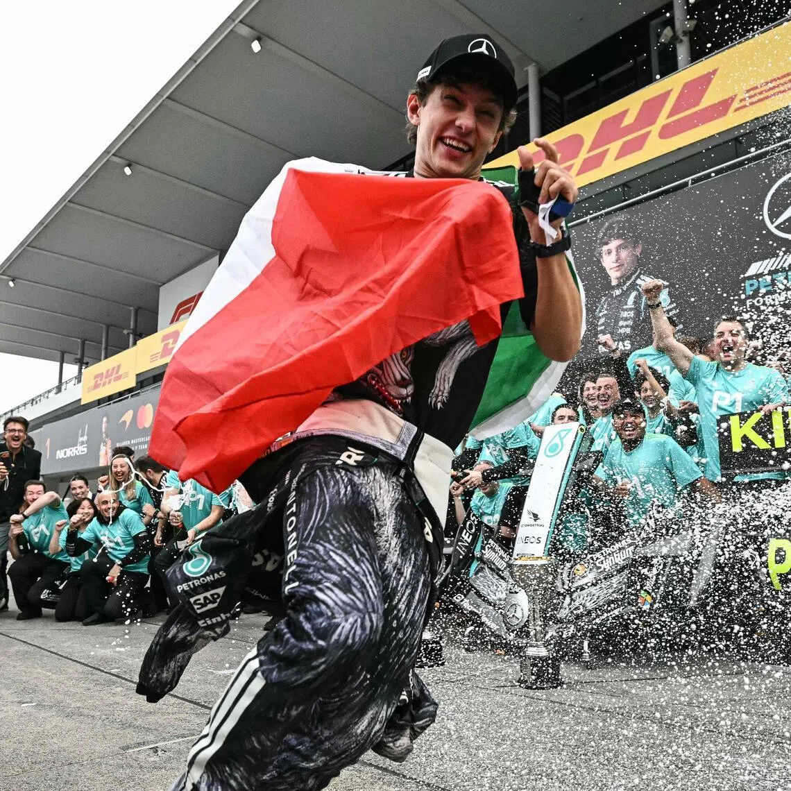 Mercedes' Kimi Antonelli celebrating his Japanese Grand Prix win at the Suzuka circuit on March 29.