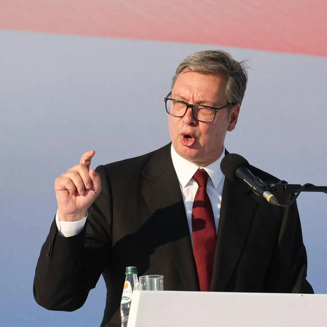 Serbian President Aleksandar Vucic speaks during a rally in Belgrade, Serbia, June 27, 2026. REUTERS/Djordje Kojadinovic