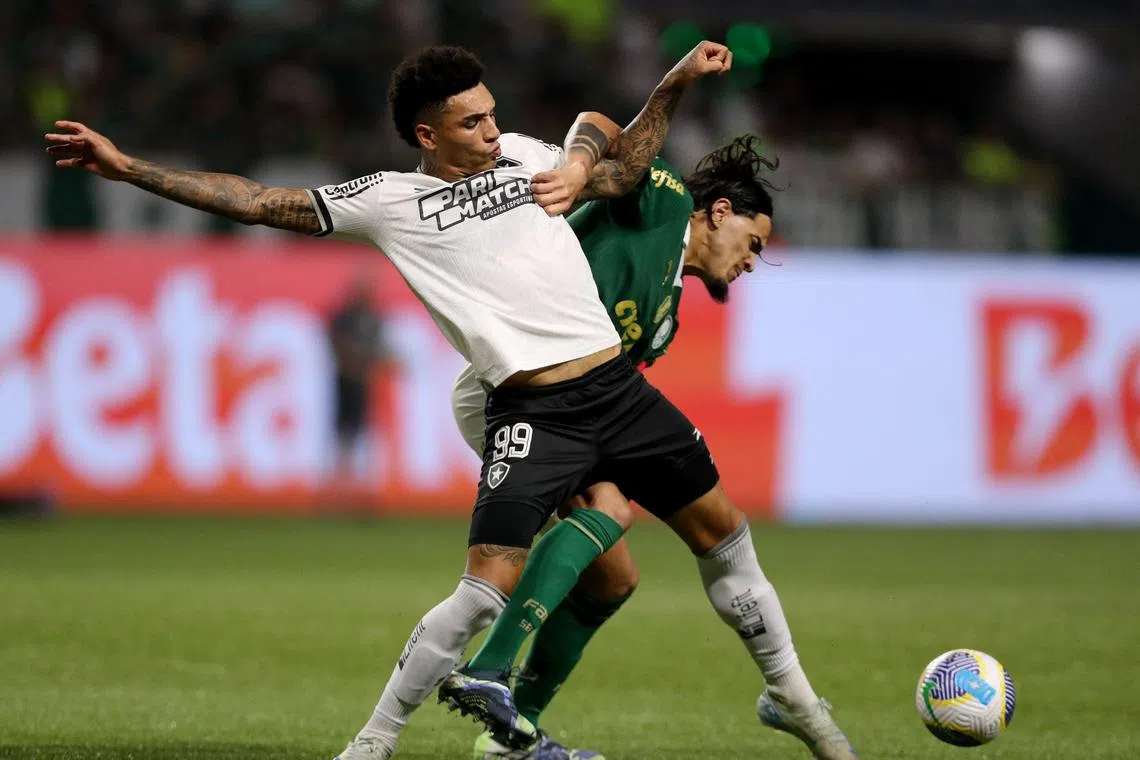 Soccer Football - Brasileiro Championship - Palmeiras v Botafogo - Allianz Parque, Sao Paulo, Brazil - November 26, 2024 Palmeiras' Gustavo Gomez  in action with Botafogo's Igor Jesus REUTERS/Carla Carniel