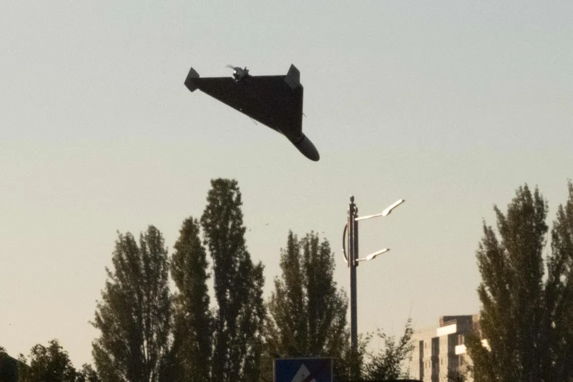 An October 2022 photo shows an attack drone approaching Kyiv, amid the Russian invasion of Ukraine.