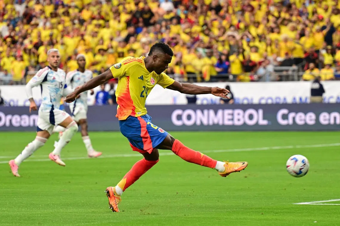 Colombia forward Jhon Cordoba scoring the third goal in their 3-0 win over Costa Rica at State Farm Stadium in Glendale, Arizona on June 28, 2024.