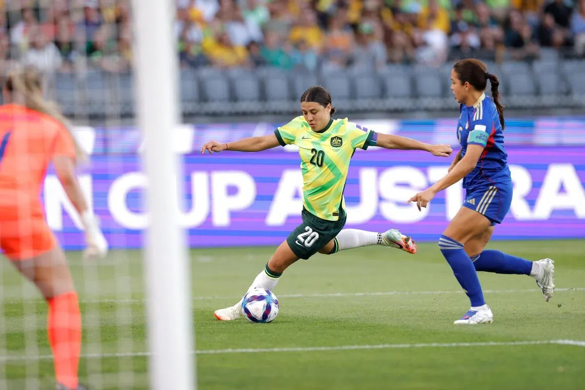 Sam Kerr of Australia (left) opened the scoring in the 14th minute with her 70th goal for the national side.