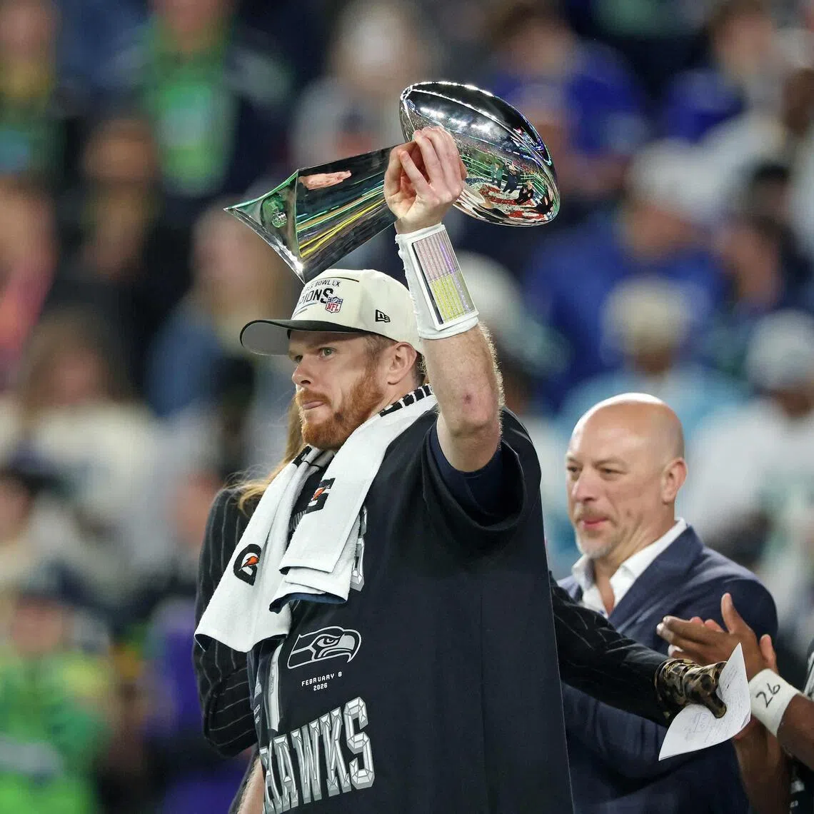 Sam Darnold of the Seattle Seahawks celebrating with the Vince Lombardi Trophy after they beat the New England Patriots 29-13 in Super Bowl LX at Levi's Stadium on Feb 08, 2026 in Santa Clara, California.