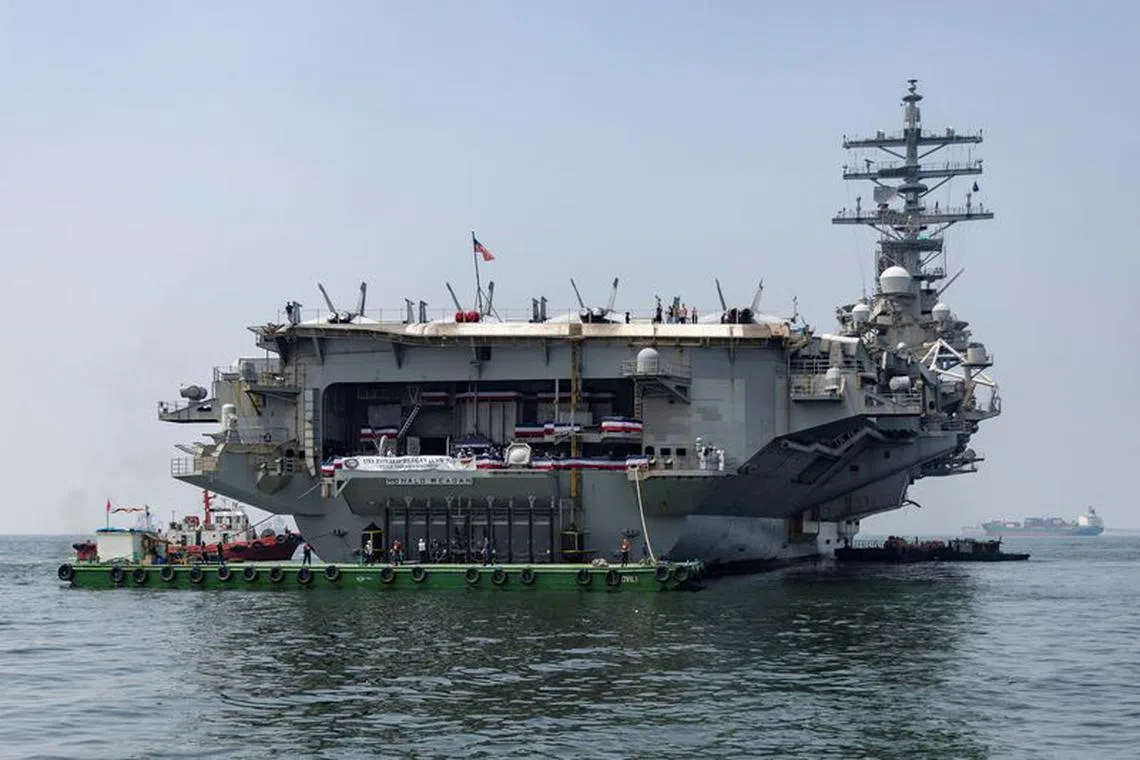 A view of the USS Ronald Reagan (CVN 76), an aircraft carrier, during a goodwill visit in Manila, Philippines, October 14, 2022. REUTERS/Eloisa Lopez/File Photo