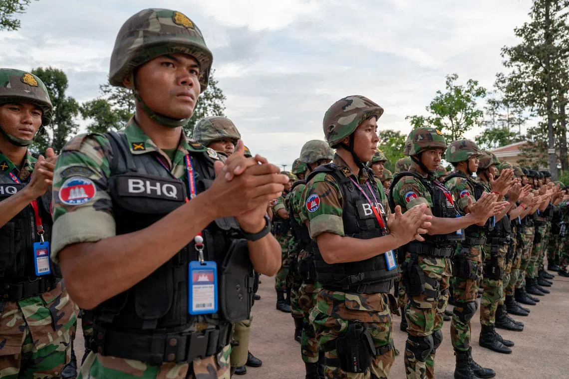 Cambodian soldiers gather during a visit of Cambodia's Prime Minister Hun Manet at a military base, following a clash at the Thailand-Cambodia border on May 28, 2025, in Preah Vihear province, Cambodia, June 23, 2025. Agence Kampuchea Press/Handout via REUTERS