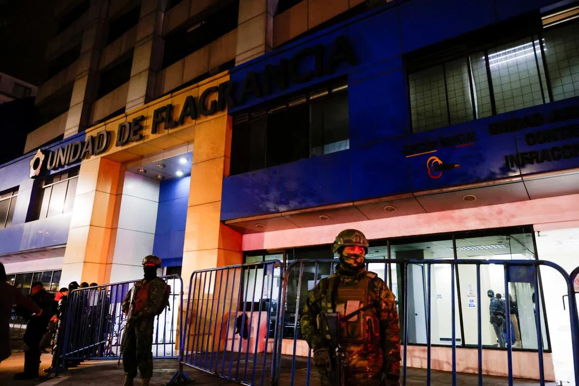 FILE PHOTO: Military officials stand outside the Flagrancy Unit, where former Ecuador Vice President Jorge Glas is believed to be detained, in Quito, Ecuador April 5, 2024. REUTERS/Karen Toro/File Photo