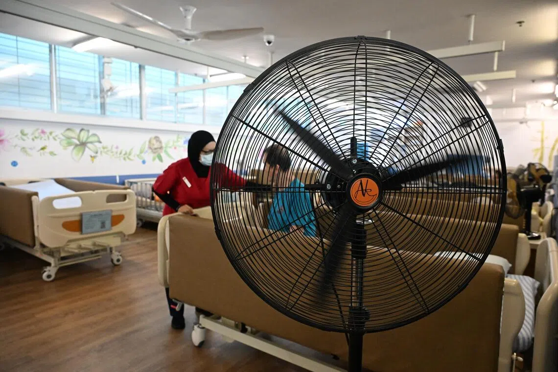 The wards are equipped with industrial standing fans at the Red Cross Home for the Disabled, alongside ceiling fans and air conditioning.