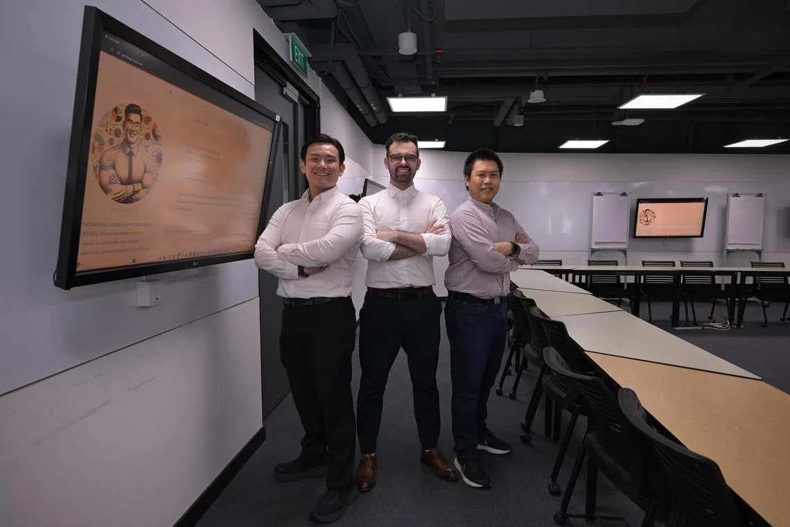 NTU’s artificial intelligence chatbot Leodar was developed by a team led by (from left) Assistant Professor Leonard Ng, Dr Jose Recatala Gomez and Dr Maung Thway.