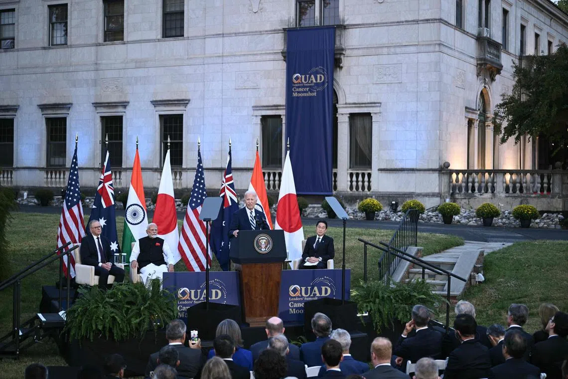 US President Joe Biden (centre), alongside (from left) Australian PM Anthony Albanese, Indian PM Narendra Modi, and Japanese PM Fumio Kishida, at the Quadrilateral Summit in Wilmington, Delaware, on Sept 21.