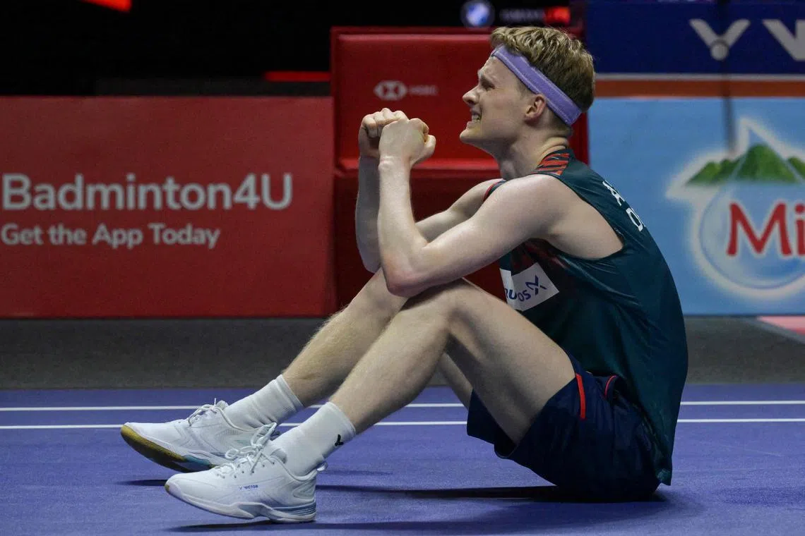 Denmark’s Anders Antonsen celebrates his victory against Chinese Taipei’s Chou Tien-chen in the men's singles final at the Indonesia Open badminton tournament at Istora Senayan in Jakarta on June 8, 2025.