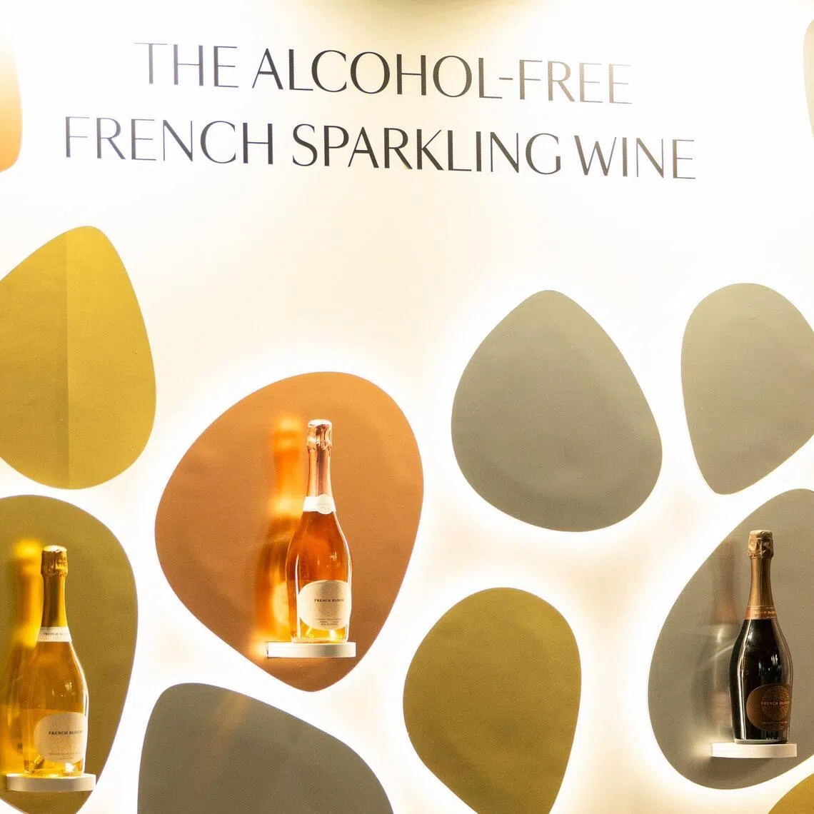 Bottles of non-alcoholic French sparkling wine at the Paris International Wine fair on Feb 11.