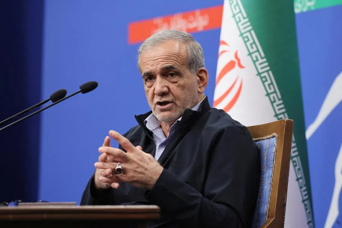 Iran's President Masoud Pezeshkian attends a press conference in Tehran, Iran, September 16, 2024. WANA (West Asia News Agency)/Majid Asgaripour via REUTERS