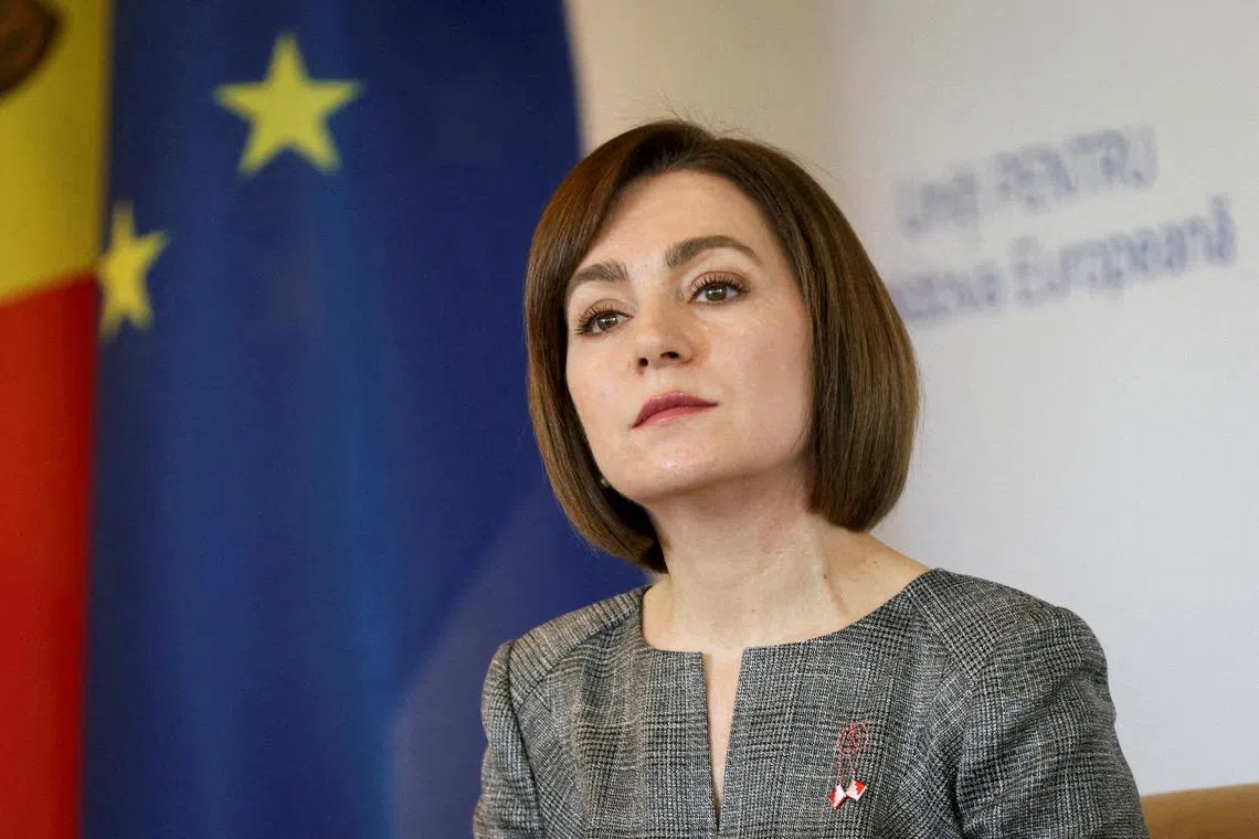FILE PHOTO: Moldovan President Maia Sandu attends a news conference in Chisinau, Moldova, March 18, 2024.  REUTERS/Vladislav Culiomza/File Photo