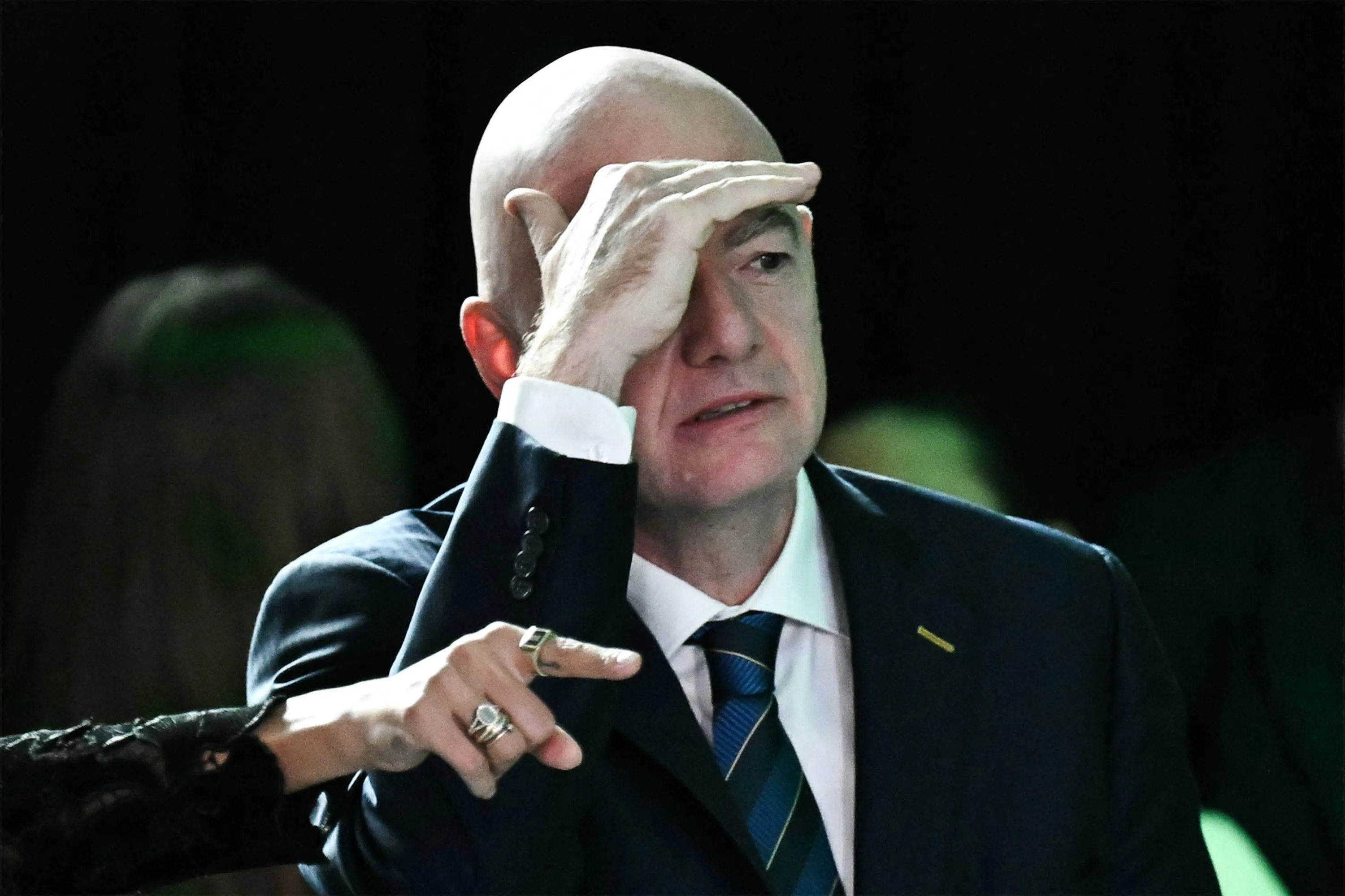 (FILES) FIFA President Gianni Infantino gestures ahead of the 2026 FIFA World Cup and European Play-Off draw and Play-Off Tournament draw at the FIFA's Home of Football in Zurich on November 20, 2025. FIFA president Gianni Infantino has lost the "confidence" of the UEFA, European football's governing body, it said in a statement on August 1, 2026, after his plan to allow private investment in the World Cup was withdrawn following a global backlash. (Photo by Fabrice COFFRINI / AFP)