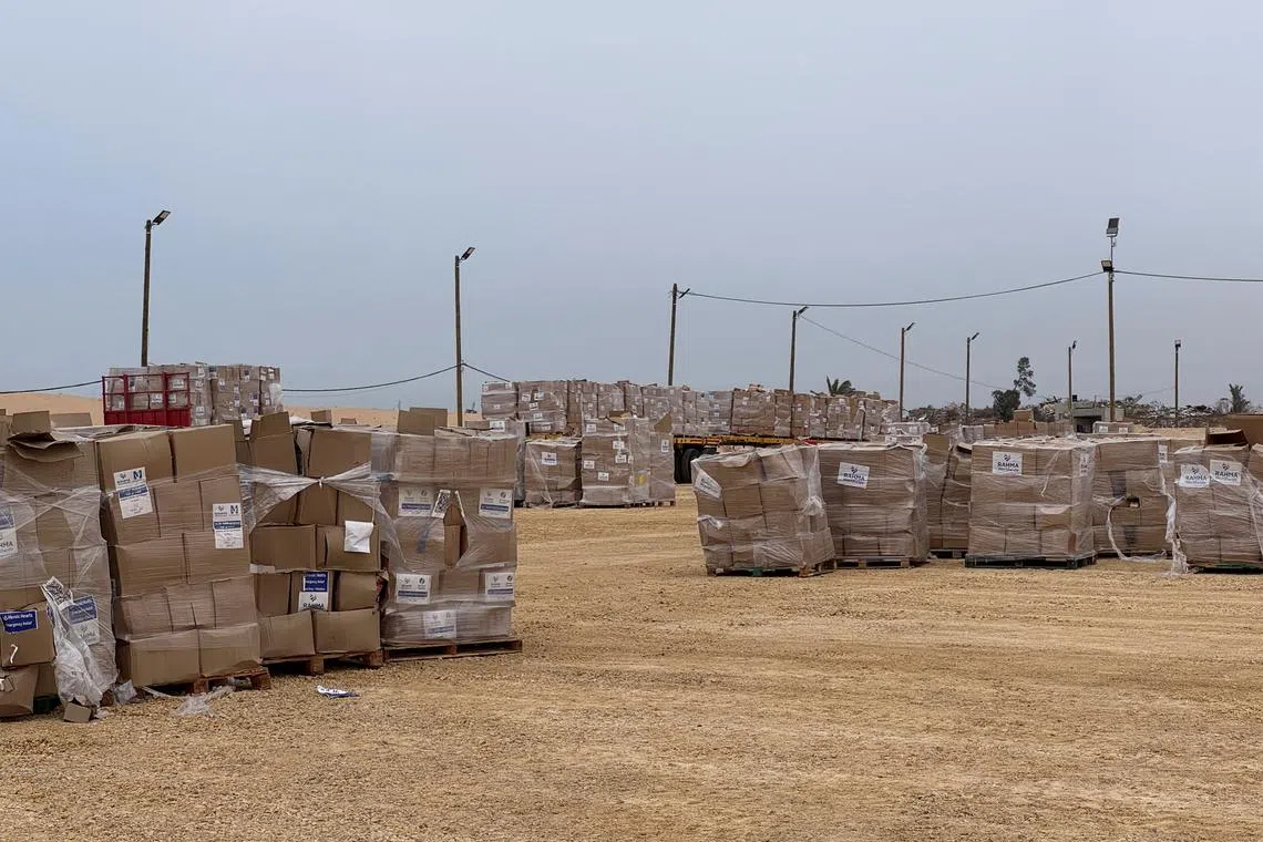 Boxes of aid are stacked as Gaza Humanitarian Foundation said it has commenced operations to begin distribution of aid, in Rafah, in the southern Gaza Strip, May 26, 2025. Gaza Humanitarian Foundation/Handout via REUTERS/File Photo