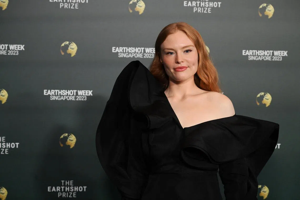 British singer and songwriter Freya Ridings posing on the green carpet ahead of the Earthshot Prize Awards ceremony at Mediacorp Campus on Nov 7, 2023.