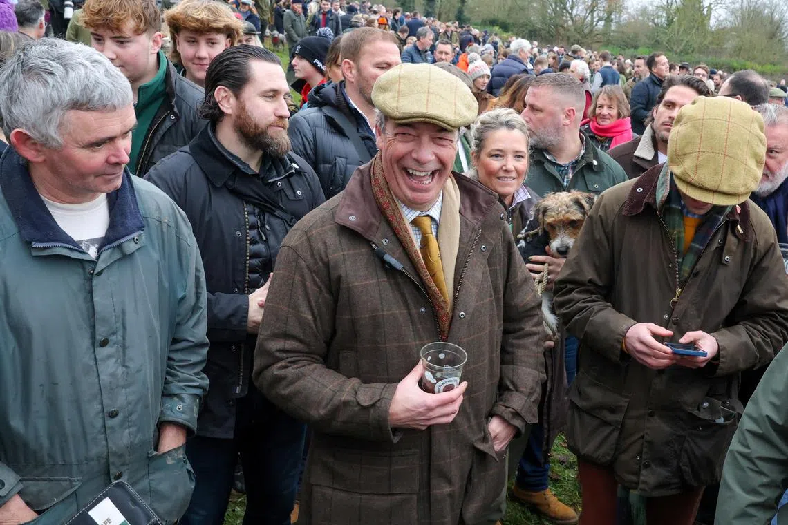 British MP for Clacton and leader of the Reform UK party Nigel Farage attends the Old Surrey, Burstow and West Kent Hunt in Chiddingstone, Britain, December 26, 2024. REUTERS/Kevin Coombs 