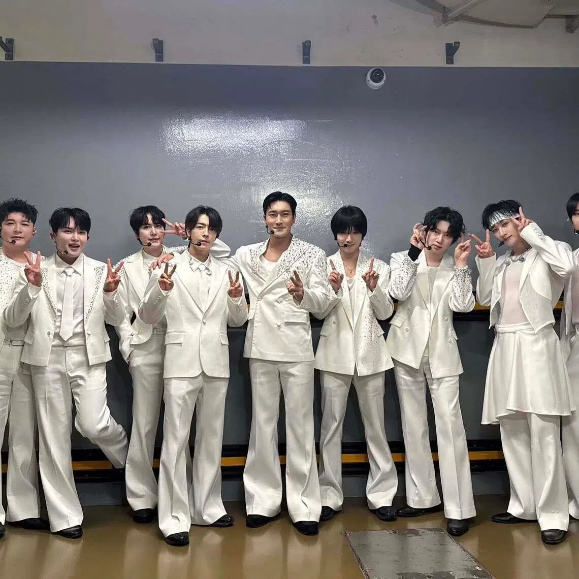 Nine members of K-pop boy band Super Junior - (from left) Shindong, Ryeowook, Kyuhyun, Donghae, Siwon, Yesung, Heechul, Eunhyuk and Leeteuk before one of their Singapore Indoor Stadium shows in January 2026.