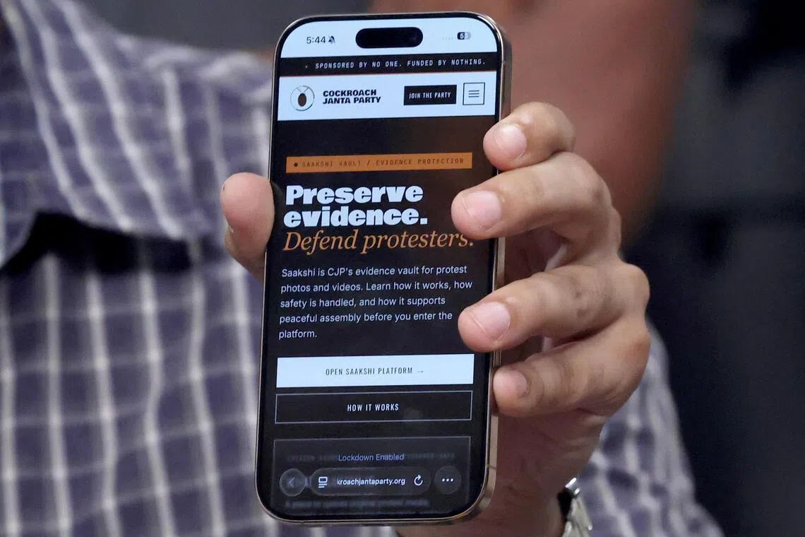 Cockroach Janta Party spokesman Saurav Das displays a “digital evidence vault” meant to document excessive force by police.