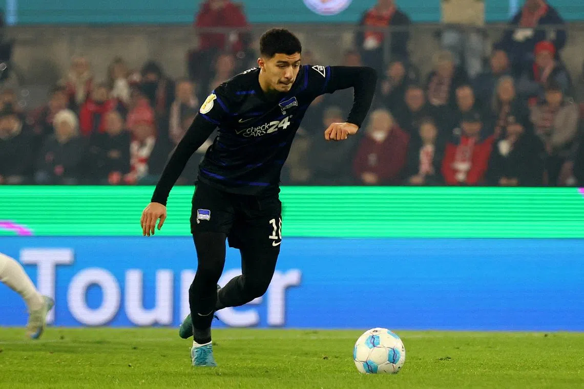 FILE PHOTO: Soccer Football - DFB Cup - Round of 16 - FC Cologne v Hertha Berlin - RheinEnergieStadion, Cologne, Germany - December 4, 2024 Hertha Berlin's Ibrahim Maza scores their first goal from the penalty spot REUTERS/Thilo Schmuelgen/File Photo