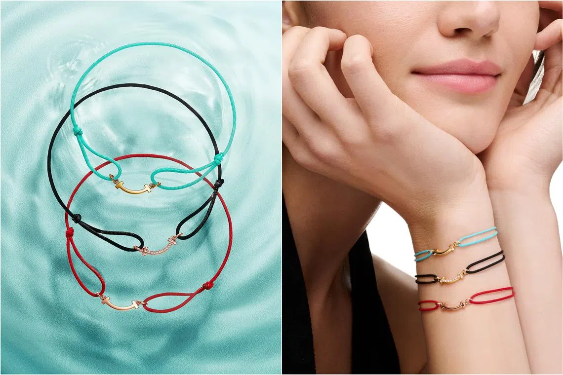 T Smile by Tiffany cord bracelets comprise 10 styles, featuring designs in 18K yellow or rose gold, with or without diamonds.