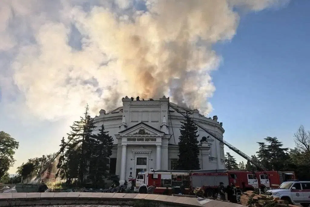 Firefighters extinguish a fire at the \"Panorama of the Defence of Sevastopol\" museum, which, according to local authorities, was damaged in a Ukrainian drone attack in the course of Russia-Ukraine conflict in Sevastopol, Crimea, in this image released on June 10, 2026. Governor of Sevastopol Mikhail Razvozhayev/Handout via REUTERS