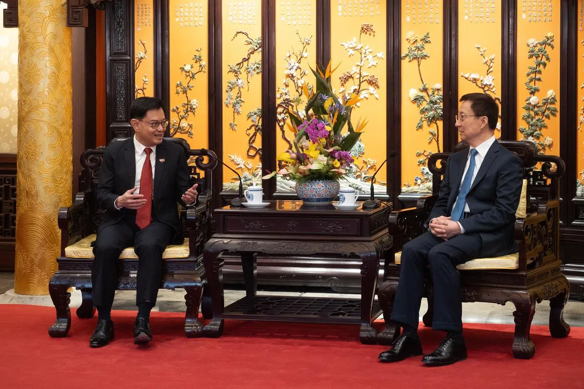 Deputy Prime Minister Heng Swee Keat meets with China's Vice President Han Zheng at the Diaoyutai State Guesthouse in Beijing on April 9, 2024.