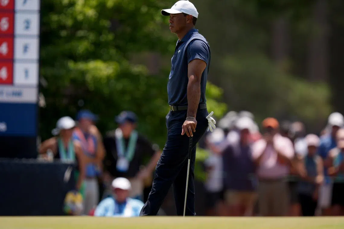Jun 14, 2024; Pinehurst, North Carolina, USA; Tiger Woods on the 3rd hole during the second round of the U.S. Open golf tournament at Pinehurst No. 2. Mandatory Credit: Jim Dedmon-USA TODAY Sports/ File Photo