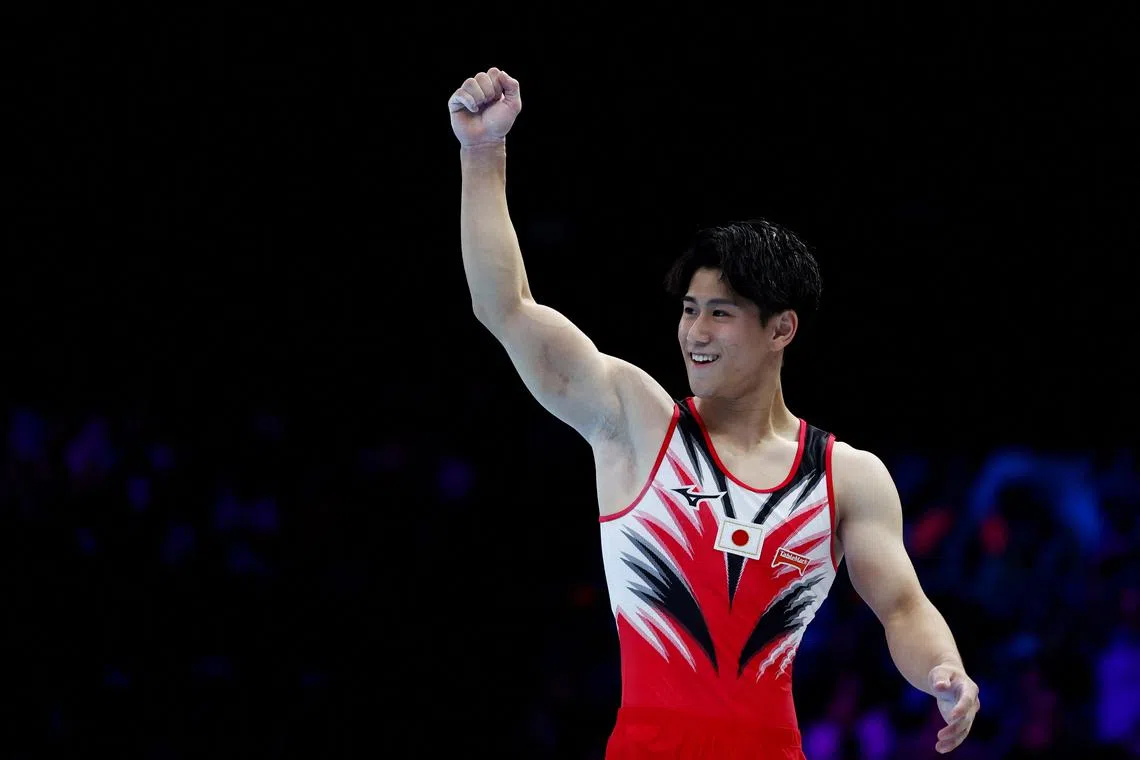 FILE PHOTO: Gymnastics - 2023 World Artistic Gymnastics Championships - Sportpaleis, Antwerp, Belgium - October 7, 2023 Japan's Daiki Hashimoto reacts after his routine on the floor during the men's apparatus finals REUTERS/Yves Herman