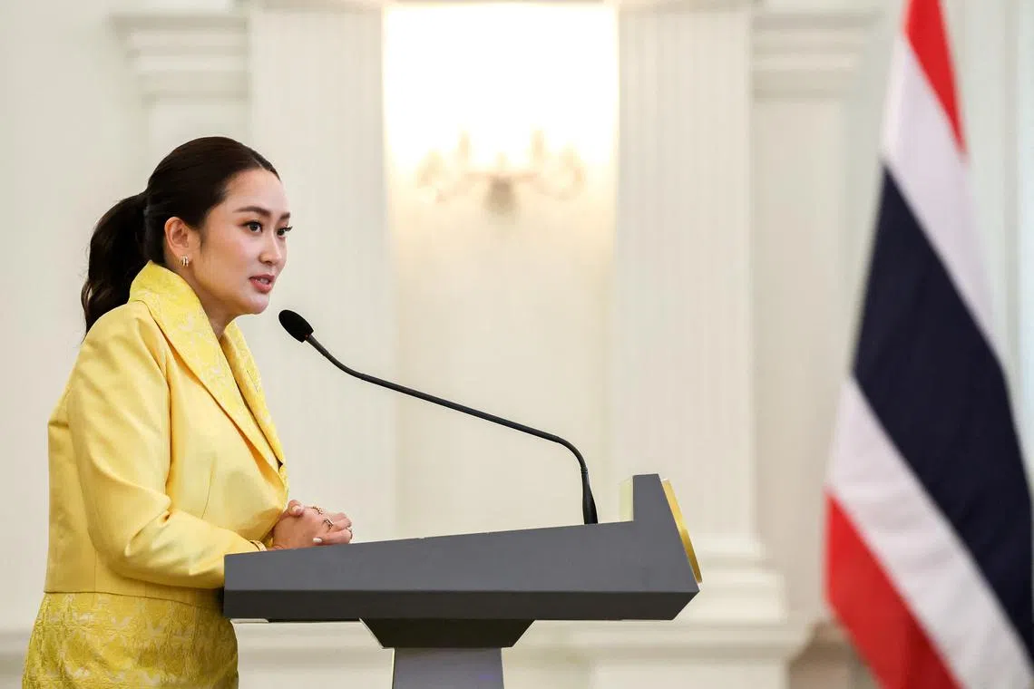 Thailand's Prime Minister Paetongtarn Shinawatra speaks during a press conference after a special cabinet meeting at the Government house in Bangkok, Thailand, September 7, 2023. REUTERS/Athit Perawongmetha