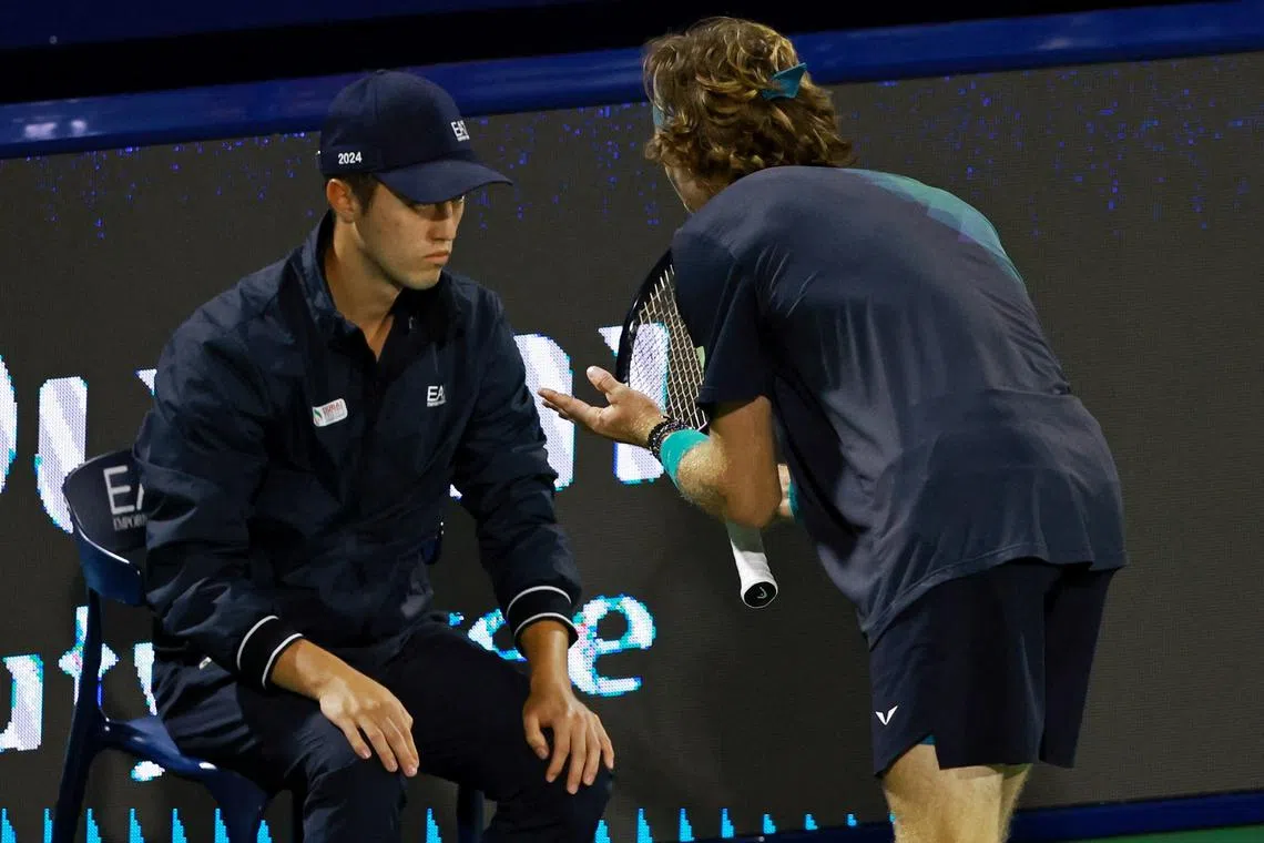 Tennis - ATP 500 - Dubai Tennis Championships - Dubai Duty Free Tennis Centre, Dubai, United Arab Emirates - March 1, 2024 Russia's Andrey Rublev talks to the umpire during his semi final match against Kazakhstan's Alexander Bublik REUTERS/Amr Alfiky