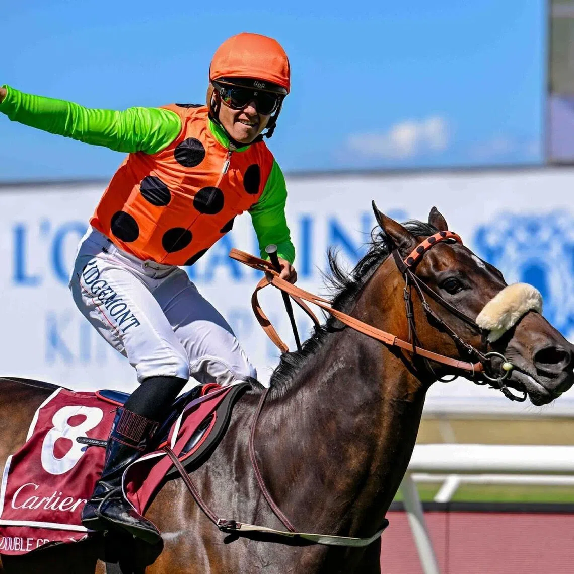 Double Grand Slam - Top jockey Richard Fourie celebrating Double Grand Slam's win in the 2025 Grade 1 Paddock Stakes (1,800m) at Kenilworth on Jan 4, 2025. The nine-time winner is favoured to live up to her name in this year's Paddock Stakes on Jan 10.  The Vercingetorix mare's name is a nod to his part-owner, retired golf legend Gary Player's rare sporting achievement. 

