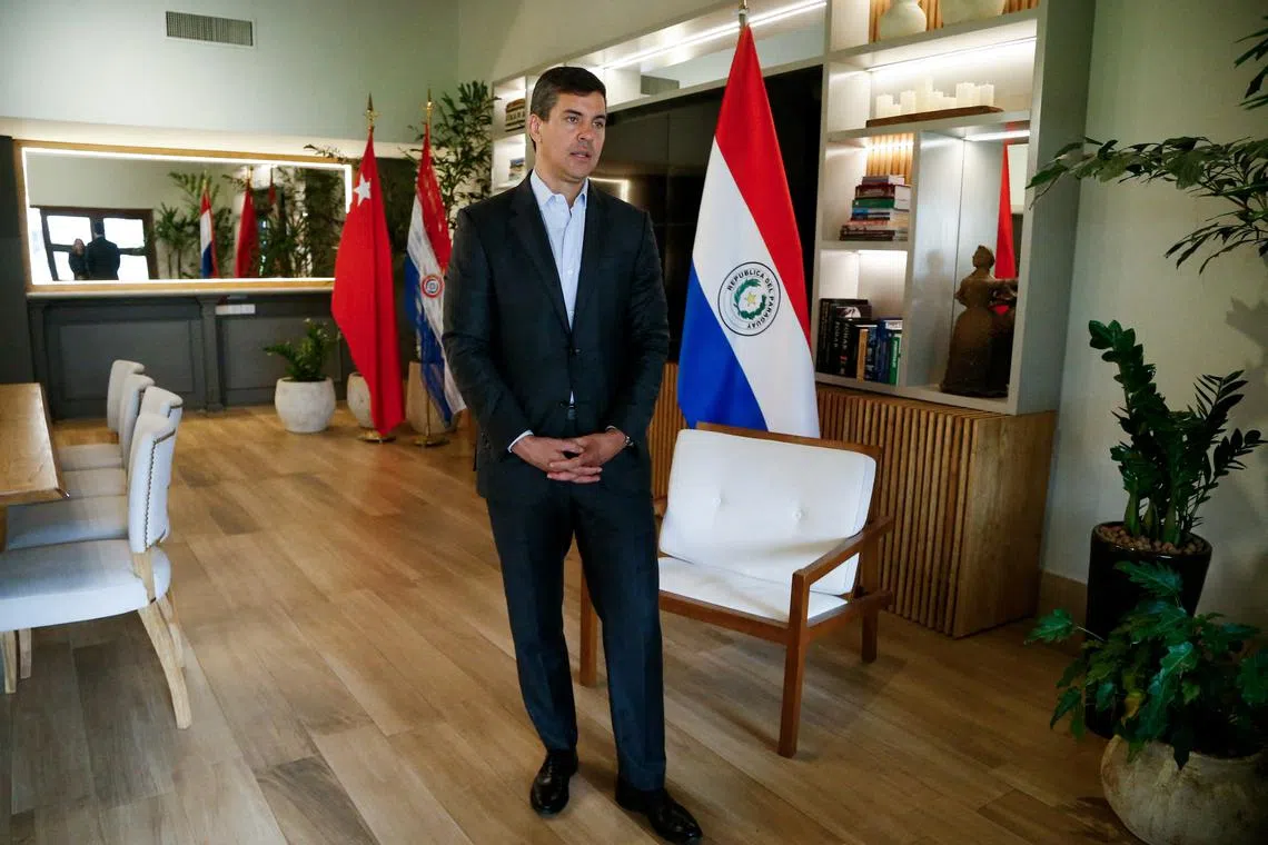 FILE PHOTO: Paraguay's President Santiago Pena speaks during an interview with Reuters, in Asuncion, Paraguay August 21, 2024. REUTERS/Cesar Olmedo/File Photo