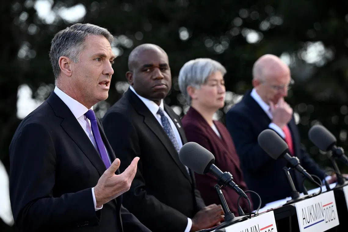(left to right) Australian Defence Minister Richard Marles, Britain’s Foreign Minister David Lammy, Australian Foreign Minister Penny Wong and British Defence Minister John Healey hold a press conference in Sydney, Australia.