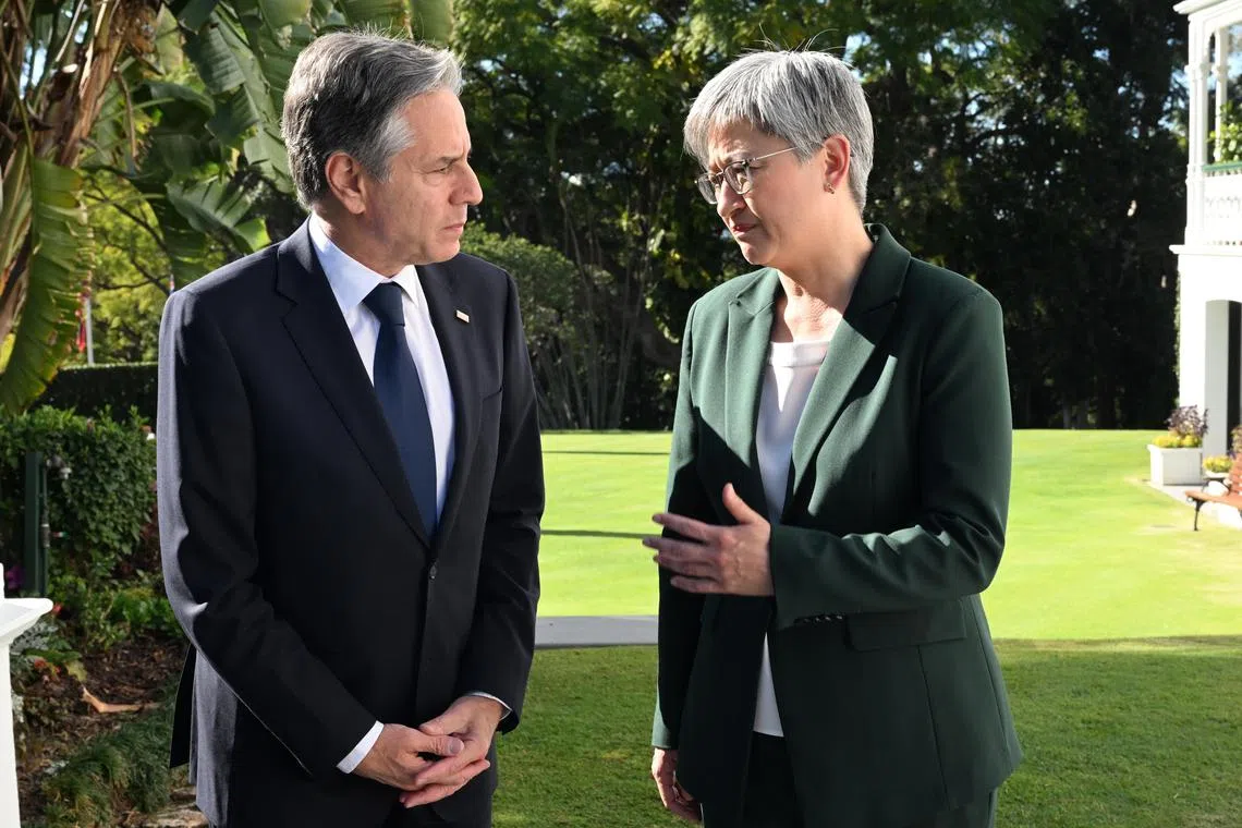 epa10774531 US Secretary of State Antony Blinken (left) is seen with Australian Foreign Minister Penny Wong (right) during the meeting for AUSMIN talks at Government House in Brisbane, Australia 29 July 2023. Australian Defence Minister Richard Marles and Foreign Minister Penny Wong are meeting with US Secretary of State Antony Blinken and US Defence Secretary Lloyd Austin for the annual AUSMIN talks.  EPA-EFE/DARREN ENGLAND AUSTRALIA AND NEW ZEALAND OUT