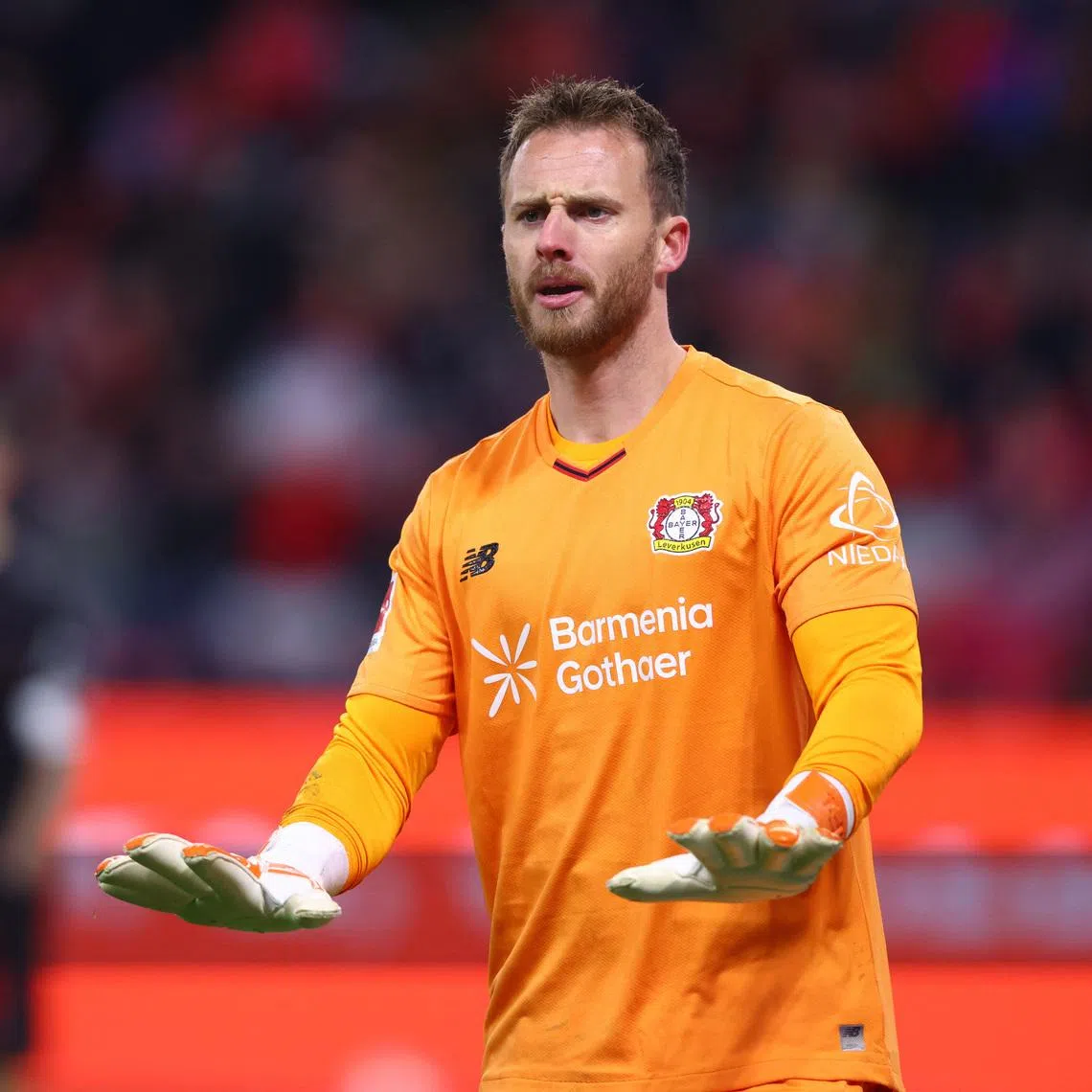 Soccer Football - Bundesliga - Bayer Leverkusen v VfB Stuttgart - BayArena, Leverkusen, Germany - January 10, 2026  Bayer Leverkusen's Mark Flekken reacts REUTERS/Thilo Schmuelgen