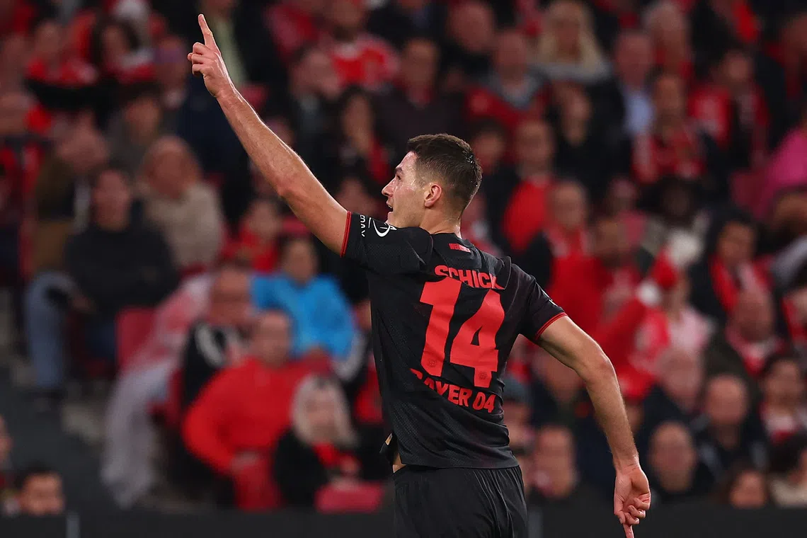 Soccer Football - UEFA Champions League - Benfica v Bayer Leverkusen - Estadio da Luz, Lisbon, Portugal - November 5, 2025 Bayer Leverkusen's Patrik Schick celebrates scoring their first goal REUTERS/Pedro Nunes