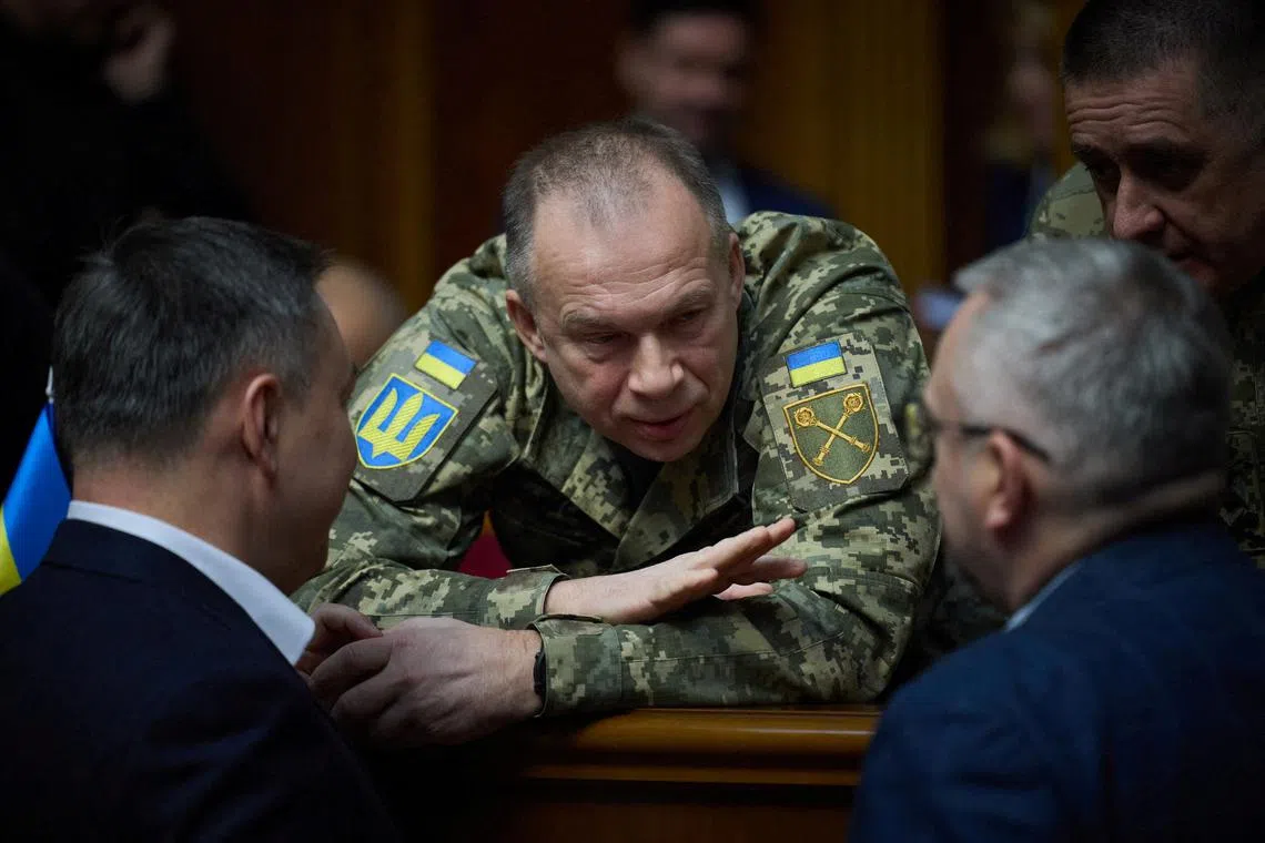 FILE PHOTO: Commander in Chief of the Ukrainian Armed Forces Colonel General Oleksandr Syrskyi speaks with lawmakers during a parliament session in Kyiv, Ukraine November 19, 2024. Ukrainian Presidential Press Service/Handout via REUTERS/File Photo
