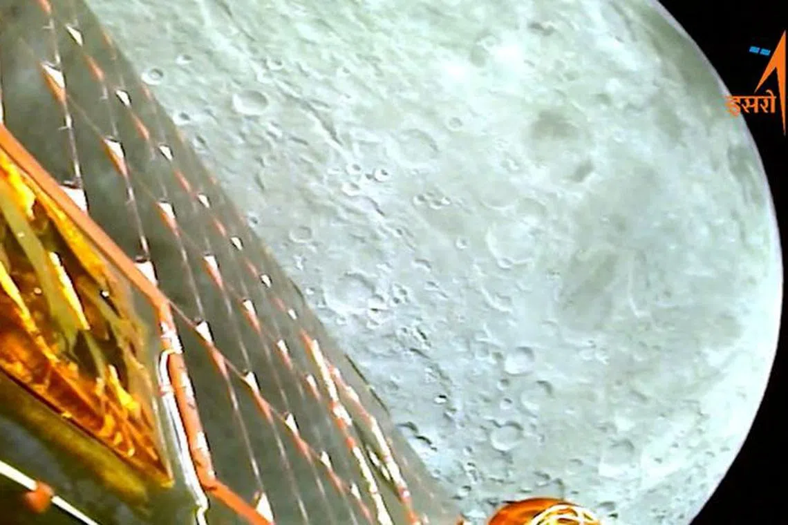 FILE PHOTO: A view of the moon as viewed by the Chandrayaan-3 lander during Lunar Orbit Insertion on August 5, 2023 in this screengrab from a video released August 6, 2023.    ISRO/Handout via REUTERS /File Photo